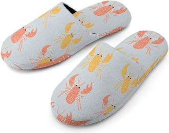 Generic Lobster Colorful Pattern Flannel Mens Slip-on Slippers Winter Warm House Shoes with Rubber Sole for Home Hotel