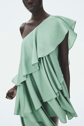 H&M Flounced One-shoulder Dress in Dusty Green at Nordstrom, Size X-Small