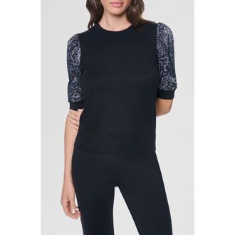 DKNY Print Twist Sleeve Mixed Media Sweater in Black/moonlight at Nordstrom, Size X-Large