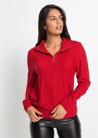 Bonprix Troyer BONPRIX, Damen, Gr. 32/34 (XS), rot (tiefrot), Obermaterial: 100% Polyacryl, bequem, Pullover Troyer, aus Polyacryl, mit Reissverschluss, &uuml;bers