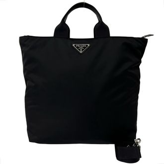 Prada Black White Nylon Leather Handbag Shoulder Bag Tote Bag (Pre-Owned)