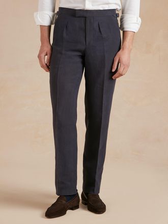 Oliver Brown Pleated French Linen Trousers - Navy