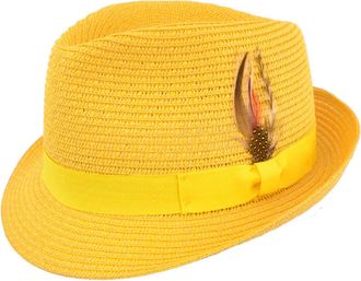 Maz Accessoires Unisex Paper Straw Crushable Foldable Summer Trilby HAT with Band and Removable Feather and Adjustable Sweatband in 6 Colours (Small, Mustard Yellow)