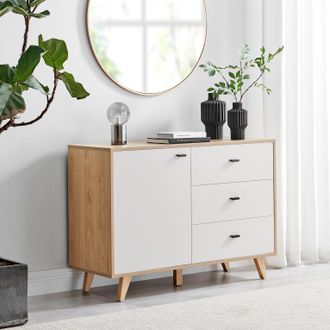 Furniturebox Bisset Off-White & Wood Effect Storage Sideboard | Size: Medium