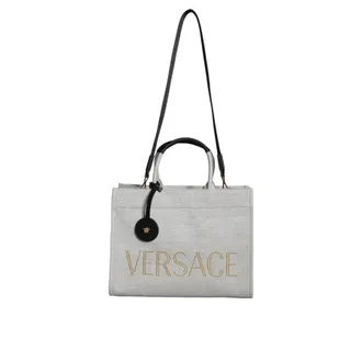 Versace White Top Handle Canvas Leather Logo Crossbody Tote Bag Black/white