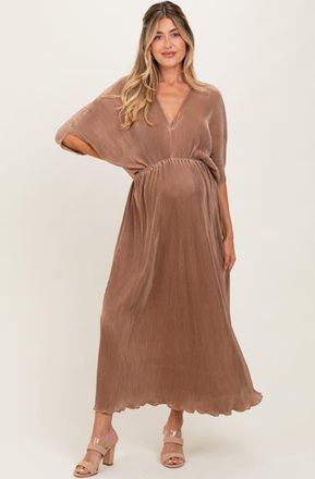 Pinkblush Pleated Satin Dolman Sleeve Maxi Dress in Mocha at Nordstrom, Size Medium