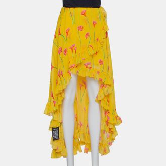 Caroline Constas Yellow Printed Silk Ruffled Asymmetric Hem Adelle Midi Skirt