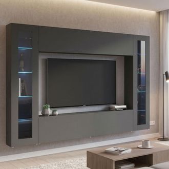 Dmora Pared Equipada Delma, Conjunto De Sal&oacute;n Mueble De Tv Con 4 Puertas, Mueble De Sal&oacute;n Polivalente Con Vitrina Y Luz Led, 100% Made In Italy, Cm 260x30h1
