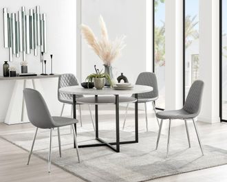 Furniturebox Adley Grey Concrete Effect Round Dining Table & 4 Corona Silver Chairs