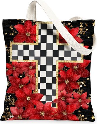 Generic Christmas Poinsettia Canvas Tote Bags, Floral Design Reusable Grocery Bags, Vintage Lightweight Washable Shoulder Strap Canvas for Travel 13x15 Inch