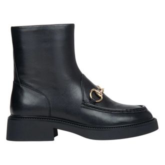 Estro & Luminara Schoenen, Dames, Zwart, 38 EU, Leer, Leren Enkelboots met Decoratieve Gesp