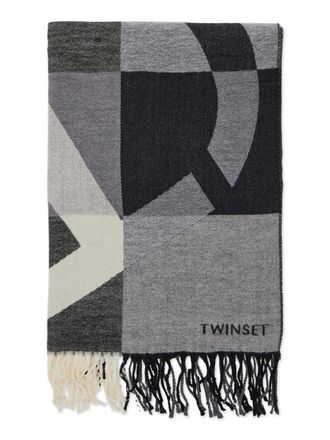 Twin-Set geometric-pattern fringed scarf - Grey
