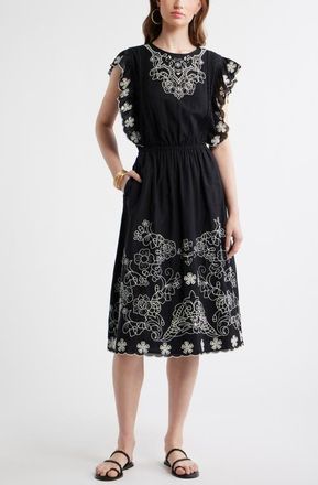 Treasure & Bond Floral Embroidered Flutter Sleeve Midi Dress in Black at Nordstrom, Size Xx-Large