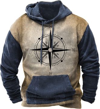 Generic Mens Compass Print Hoodie with Vintage Washed Look, Outdoor Pullover Sweatshirt with Drawstring Hood and Kangaroo Pocket, Grey and Black Explorer Top 