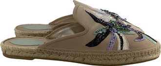 Rene Caovilla Embellished Espadrille Flat Mules in Brown Suede