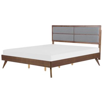 Beliani Cama De 180 X 200 Cm Con Somier Cabecero Alto Tapizado En Tela Madera De Fresno Oscuro Gris Poissy