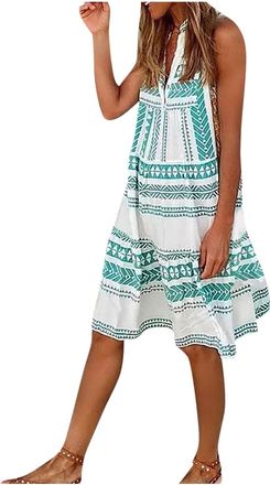 Generic Bohemian Dresses for Women UK Plus Size - Beach Dresses for Women UK Mini - Flowy Dress Floral Dress Knee Length Green Mini Dress Sleeveless Dresses L