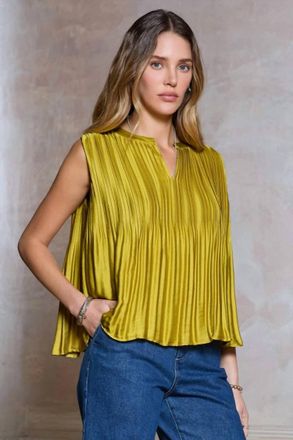 Current Air Luxe Pleated Top In Chartreuse