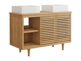Vente-Unique Mueble de ba&ntilde;o con patas de teca con doble lavabo cuadrado de cer&aacute;mica sobre encimera - An. 120 cm - TORAJA