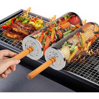 OEM Cesta Para Barbacoa De Acero Inoxidable De 2 Piezas Con Mango De Madera Giratorio De 360&deg; Para Una Cocci&oacute;n Uniforme De Carne, Verduras Y Pescado