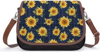 Generic Sunflowers Blue Plaid Checkered Crossbody Bag Womens Handbag PU Message Bags Shoulder Purse with Adjustable Strap