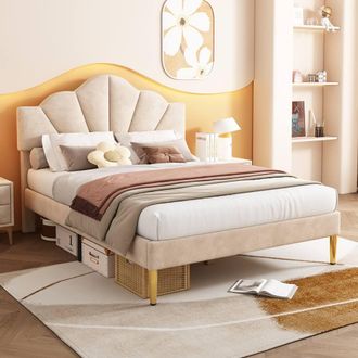 Matteo Velvet Upholstered Double Bed - Beige