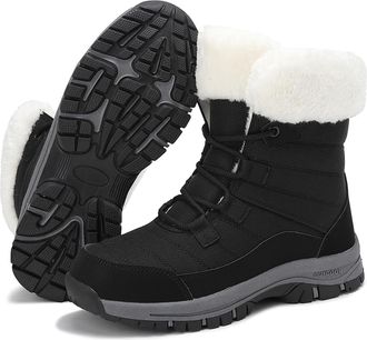Generic Womens Winter Hiking Boots - Thickened Fluffy Ankle Snow Boots with Faux Fur Lining, Anti-Slip Casual Outdoor Booties(Black,7.5)