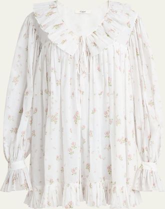 Chloé Floral-Print Cotton Voile Ruffle Mini Dress