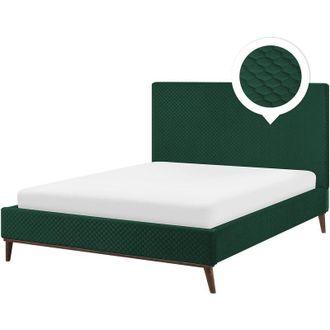 Beliani Beliani - Cama Con Somier De Terciopelo Verde Oscuro Madera Oscura 140 X 200 Cm Acolchado Bayonne