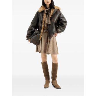 Brunello Cucinelli Leather with Fur Collar Jacket - Brown