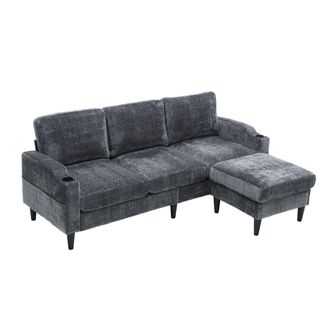 STILVORA Sof&aacute; Esquinero Reversible 4 Plazas En Chenilla Con Puff Cofre, 2 Portavasos Y Bolsillos Laterales, Gris