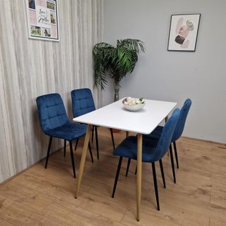 Kosy Koala Modern Rectangle White Dining Table Set With 4 Blue Velvet Chairs Dining Room Furniture in Brown