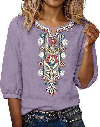 Generic Ladies Cotton Linen Shirts, Boho Tops for Women UK Embroidery Cotton Linen Tunic Blouse Summer 3/4 Sleeve Vintage Loose Elegant Shirts Ladies Floral B