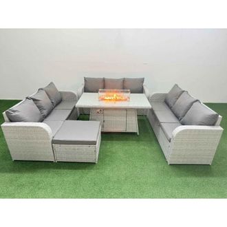 Fimous Pe Rattan Lounge Sofa Set 10 Seater Outdoor Garden Furniture Set with Firepit Dining Table 3 Seater Sofa Big Footstool Side Table Light Grey - Fimous