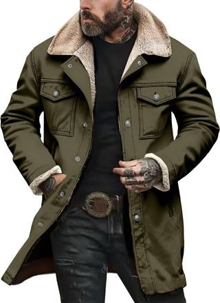 Generic Winter Jackets for Men UK Work Long Coats with Flap Pockets Hooded Trucker Jacket sherpa Fleece Lined Jackets Casual Oversized Motorcycle Trench Coat 