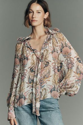 Farm Rio Sea Garden Long-Sleeve Tie-Neck Blouse