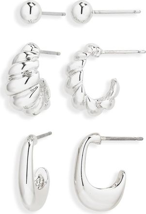Nordstrom Rack Demi Fine Set of 3 Ball Stud & Huggie Hoop Earrings in Silver at Nordstrom Rack