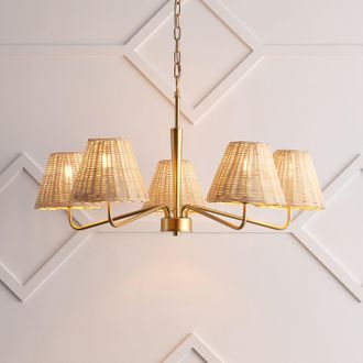 Jonathan Y Designs Libby 30 5-Light Modern Coastal Sleek Woven Rattan/Iron LED Chandelier, Gold Painting/Light Brown