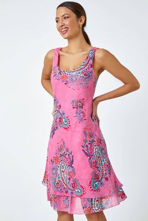 Roman Paisley Print Cotton Layered Dress