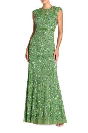 Mac Duggal Embellished Illusion Cap Sleeve Column Gown in Sage at Nordstrom, Size 12
