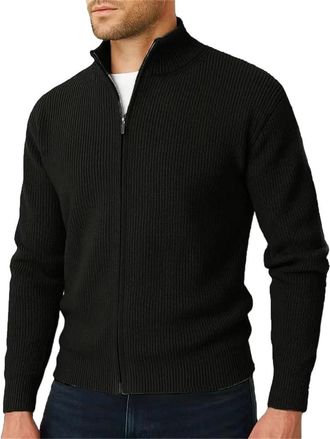 Generic Men 100% Wool Full Zip Knit Cardigan Thick Warm Outerwear Casual Sweater Jacket Coat Black