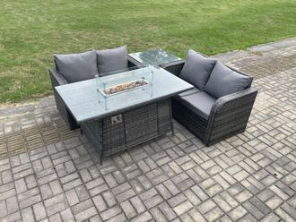 Fimous Rattan Garden Furniture Set with Gas Fire Pit Table 4 Pieces Outdoor Loveseat Sofa Set Dark Grey Mixed