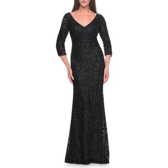 La Femme Fitted Beaded Lace Evening Gown with Ruching in Black at Nordstrom, Size 12