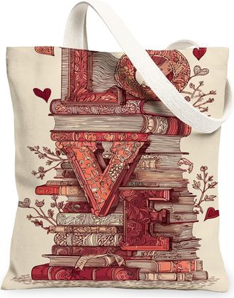 Generic Love Books Canvas Tote Bag, Floral Design Reusable Grocery Bags, Vintage Lightweight Washable Shoulder Strap Canvas Bags Fo, Beige, 13x15 Inch