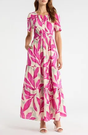 Melloday Short Sleeve Tiered Maxi Dress in Bone Rose Violet Leaf at Nordstrom, Size X-Large
