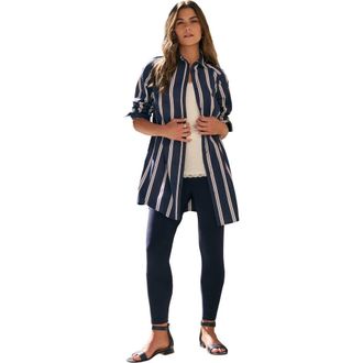 Roaman's Kate Long-Sleeve Crisp Cotton-Blend Button-Front Tunic in Navy Ivory Stripes at Nordstrom, Size 20