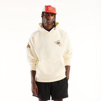 New Balance Mens Marathon du Mont Blanc Graphic Hoodie in Beige Cotton Fleece, size X-Large