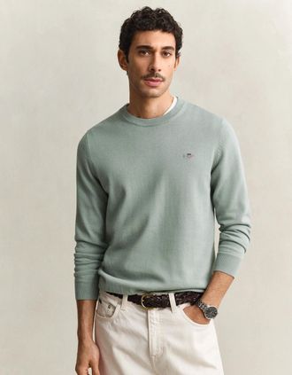 GANT Mens GANT Mens Classic Cotton Crew Neck Jumper - 10 Ceramic Grey - Tan - Size: 40