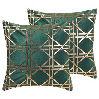 Beliani Beliani - Conjunto De 2 Cojines Decorativos Patr&oacute;n Diamantes Geom&eacute;trico Verde Oscuro/dorado 45 X 45 Cm Decoraci&oacute;n Glamour Cassia