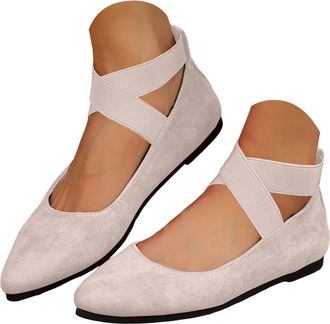Generic Womens Ballet Flats Elastic Ankle Straps Slip On Ballerina Shoes for Women Flat Pointed Toe Solid Work Dressy Lightweight Casual Elegant Walking Shoes